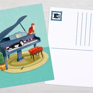 Art Postcard, Musician Gift, Piano Art, Pianist Gift, Music Teacher Gift, Cat Art, Cat Drawing