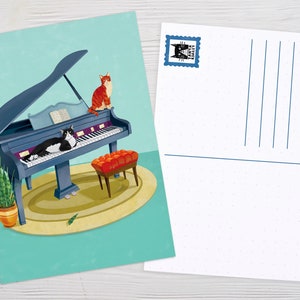 Carte postale d’art, Cadeau de musicien, Piano Art, Cadeau de pianiste, Cadeau de professeur de musique, Art de chat, Dessin de chat