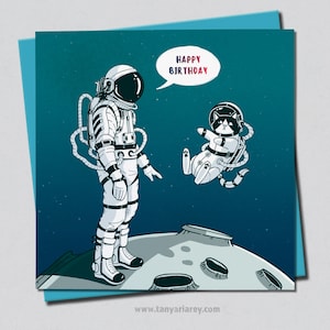 Carte d'anniversaire spatiale, Apollon, chat de l'espace, carte d'astronaute, art de la lune, carte d'anniversaire de chat, voyageur de l'espace