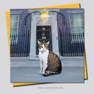 Carte de voeux Larry le chat, chat du 10 Downing Street, art du chat de Londres, chat numéro 10, carte d'anniversaire de l'Angleterre