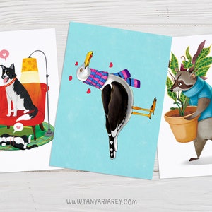 Ensemble de cartes postales d’animaux mignons, cartes postales d’art, signets mignons, art de mouette, art de raton laveur, art de chat et de chien