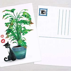 Carte postale de chat, Impression d’art de chat, Décoration de chambre, Tuxedo Cat & Plant, Carte postale illustrée, Impression mignonne, Signet de chat