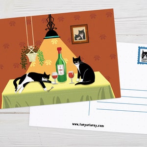Cadeau amateur de vin, Carte postale pour chats, Chats Tuxedo Cats, Impression d’art, Impression de chat, Décor de chat, Cadeau pour amoureux de chat, Carte postale d’art