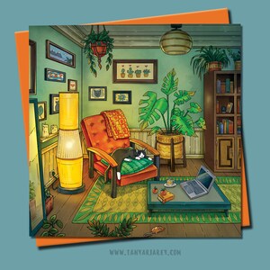 Carte d'anniversaire de chambre Lo-Fi confortable, chats et plantes, carte de chat smoking, merci, toute occasion, carte d'amoureux des chats