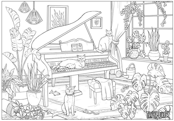 Cat Colouring Page Interior Coloring Page Dream Home Boho - Etsy