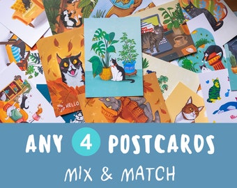 Cat Postcards Set, Hand-Drawn Illustration, Cat Lover Gift