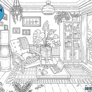 Cats & Plants Coloring Page: Boho Home Interior (Digital Download)