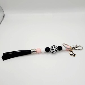 Pink and Black Cow Silicone Beaded Tassle Keychain