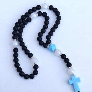 Black & White Beaded Rosary with Blue Cross: Catholic Prayer Beads