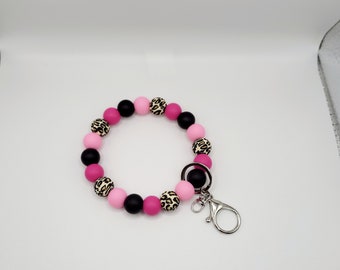 Pink Leopard Beaded Wristlet Keychain