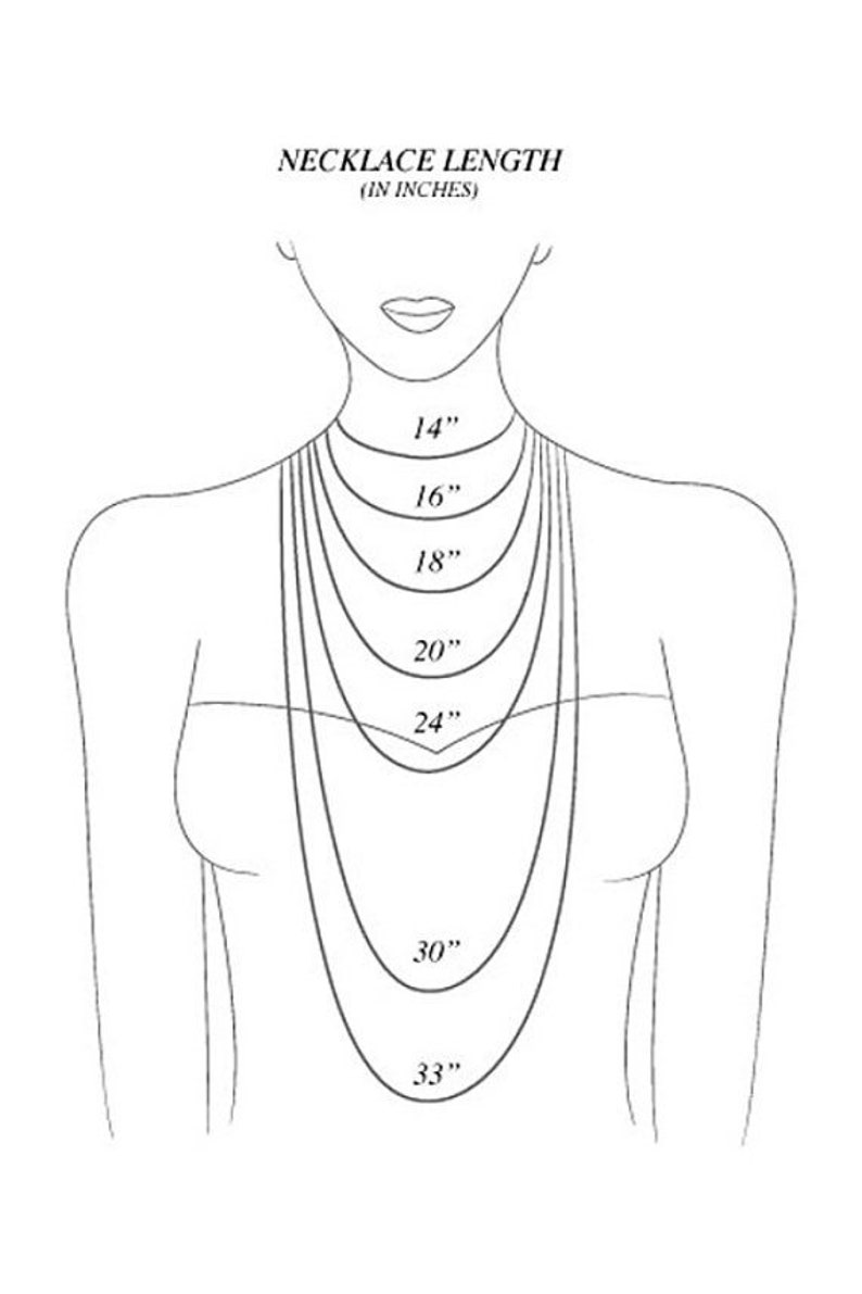 Puede incluir: Un dibujo de l&iacute;nea de un torso que muestra diferentes longitudes de collar en pulgadas, de 14 pulgadas a 33 pulgadas.