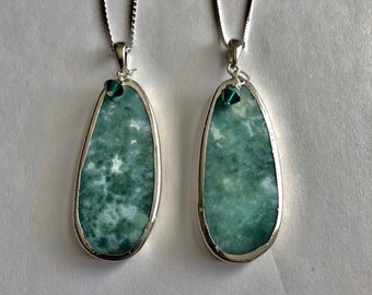Agate Necklace; Green & White Speckled Agate Pendant Necklace With Emerald Swarovski Crystal; Sterling Silver Box or Link Chain