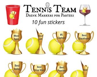 Tennis Trophy Drink Markers, Wine Glass Charms, 10 Stickers for glasses or plastic cups!