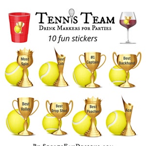 Tennis Trophy Drink Markers, Wine Glass Charms, 10 Stickers for glasses or plastic cups!