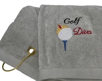 Womens Golf Towels, "Golf Diva" design, the perfect Golf gifts for ladies, Christmas gifts for golfers! Choose Pink, Blue or Gray