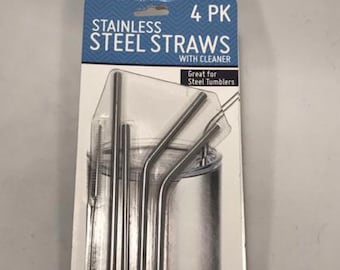 Reusable Straws, 4 Stainless Steel Straws, Great for the environment, Comes with a straw cleaner and four stoppers!