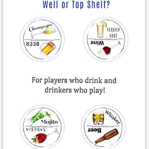 May include: Four round stickers with images of alcoholic beverages and the text "SpinStickers.com" and "TennisSpinStickers.com". The stickers are labeled "Champagne", "Tequila Shot", "Mojito", and "Whiskey". The text "Well or Top Shelf?" is at the top of the image. The text "For players who drink and drinkers who play!" is in the middle of the image. The text "by Sports Fan Designs" is at the bottom of the image.