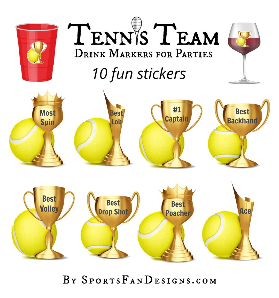 Tennis Trophy Drink Markers Wine Glass Charms 10 Stickers Etsy