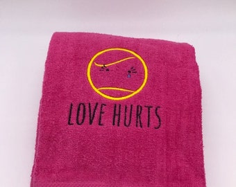 Tennis Towels - Tennis Sweat Towel 'LOVE HURTS' embroidered on Hot Pink Plush, Partner Gifts, Captain's Gifts
