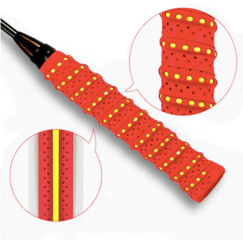 May include: Red and yellow badminton racket grip with a textured surface and holes for breathability. Close-up of the grip showing the texture and holes.
