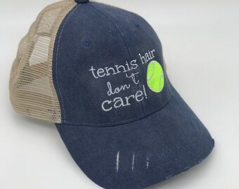 Tennis Trucker Hats 'Tennis Hair Don't Care' - Dusty Blue, Partner Hats, women's or Juniors, Unique & Cool Tennis Stuff, Captains Gifts