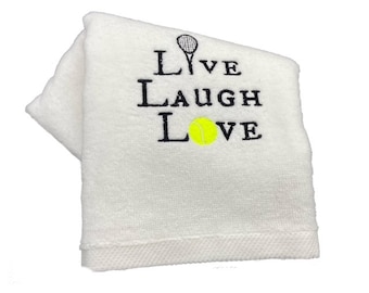 Beste tenniscadeaus, tennishanddoeken 'Live Laugh Love' Roze, witte, zwarte handdoeken, partners geschenken, Captains Gifts, geborduurd