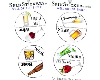 Tennis Team Party Pack! 16 Spin Stickers, Wine, Beer & Tennis! 8 sheets of 2, Tennis Party Favors, "Well or Top Shelf!"  for tennis butts!