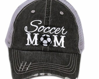 Fußball MoM Trucker Hüte, Baseball-Cap, grau, Mädchen oder Damen, Sport-Fan-Hut, Distressed Trucker, bestickt, perfektes Geschenk! Fußball MOM!