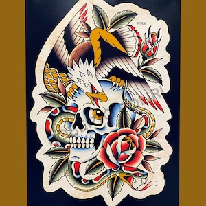 A3 tatuagem tradicional flash print águia caveira