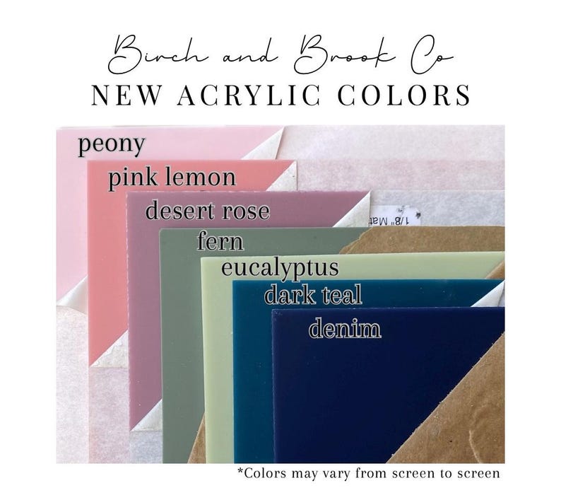 K&ouml;nnte beinhalten: Acrylfarbmuster in Rosa-, Rosen-, Gr&uuml;n- und Blaut&ouml;nen. Die Farben sind mit "peony", "pink lemon", "desert rose", "fern", "eucalyptus", "dark teal" und "denim" beschriftet. Der Text "Birch and Brook Co" und "NEW ACRYLIC COLORS" stehen oben.