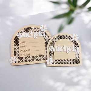 Baby Birth Announcement Sign Boho Name Sign Baby Name Announcement Sign Newborn Photo Prop Hospital Birth Baby Stats Sign Rattan Sign