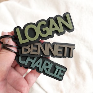 May include: Three personalized keychains with names: "LOGAN" in olive green, "BENNETT" in brown, and "CHARLIE" in teal. Each name is on a black background with a matching keyring. The keychains are held against a white background.