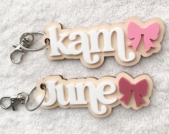 Custom Name Keychain: Wood & Acrylic Bow Backpack Tag