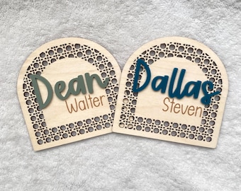 Birth Announcement Sign, Rattan & Acrylic Twins Name Photo Prop Sign