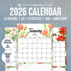 Calendario 2026 – Planificador de escritorio y pared con diseño floral en acuarela – PDF imprimible - A4 + Carta – Inicio en domingo, inicio en lunes