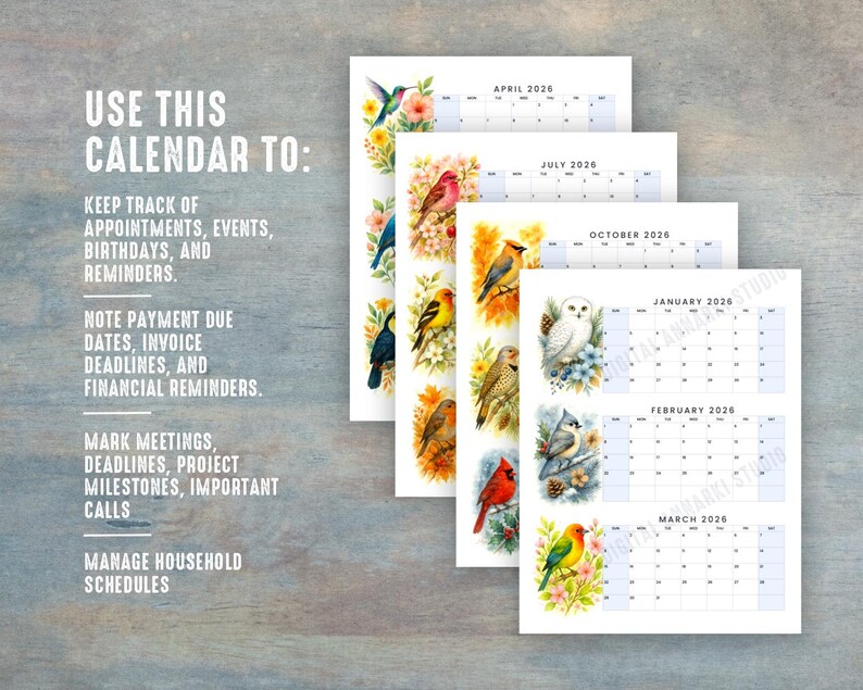 2026 Bird Calendar Printable | PDF Bundle 3 Months per Page Calendar ...