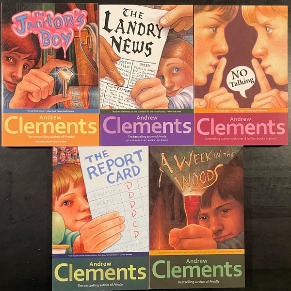 the report of the week merch 5 Books by Andrew Clements: No Talking; Janitor's Boy; Landry News; Report Card; A Week In The Woods. From the Bestselling Author of Frindle