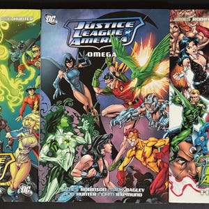 May include: Three comic book covers from the Justice League of America series. The covers feature various superheroes in action poses, with vibrant colors and dynamic compositions. Titles include "Dark Things," "Omega," and "Team History."