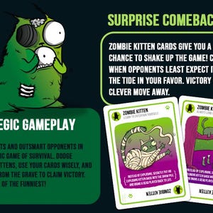 May include: Image of Zombie Kitten card game. The image features a green monster character and two game cards with illustrations of cats. Text on the cards and in the background describes gameplay and card features.