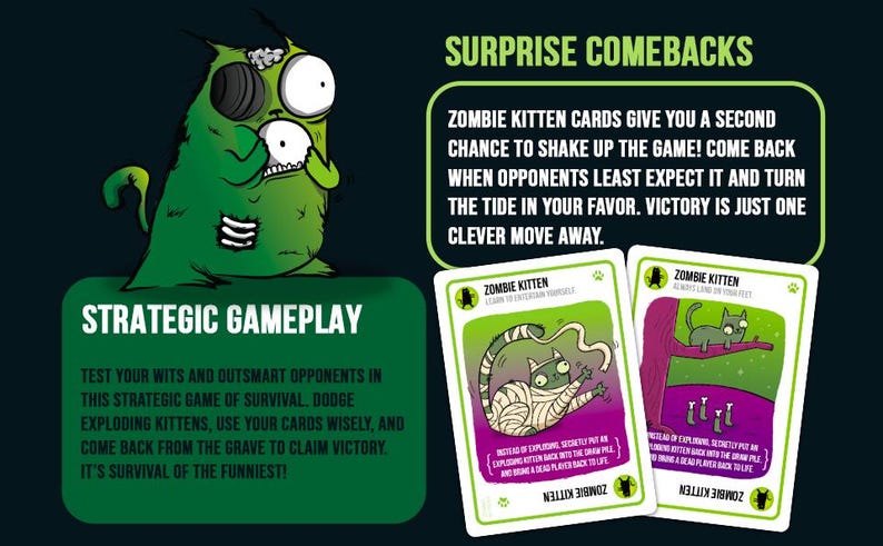 May include: Image of Zombie Kitten card game. The image features a green monster character and two game cards with illustrations of cats. Text on the cards and in the background describes gameplay and card features.