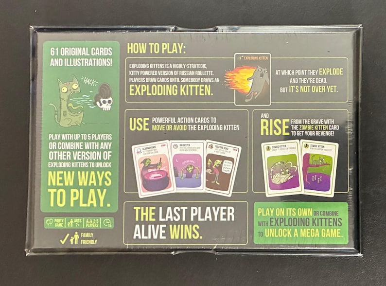 May include: Exploding Kittens card game box. The box features illustrations of cartoon kittens and text that reads "Exploding Kittens" and "New Ways to Play." The game is for 2-5 players and is family-friendly.