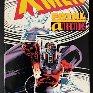 May include: A comic book titled X-Men Fatal Attractions featuring a central illustration of Magneto in a red and purple costume with a helmet, reaching out with one hand. The background displays white circular lines and the text X-Men, Fatal Attractions, X-Men, X-Factor, X-Force, and Excalibur.