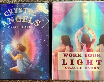 Doreen Virtue Crystal Angels + Work Your Light Hologram Oracle Cards, 44-Card Decks Lot Published by THO THME, Tarot Divination