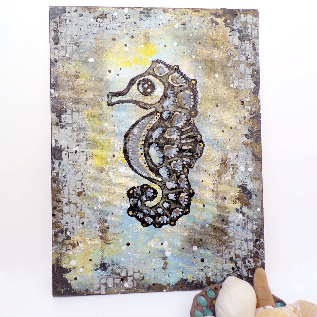 Seahorse Mixed Media Canvas Art Sea Creature Art Canvas Etsy