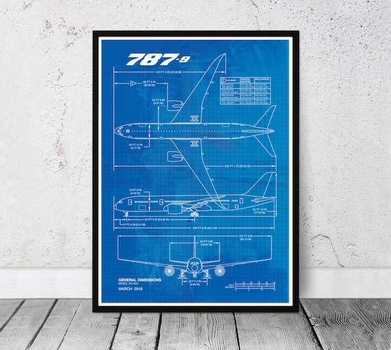 Blueprint Boeing 787-9 Poster Print. Aviation, Airplane, Aircraft