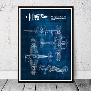Könnte beinhalten: Ein gerahmter, blaupausenartiger Druck eines Hawker Hurricane MK II-Flugzeugs. Der Druck zeigt detaillierte weiße Strichzeichnungen des Flugzeugs aus verschiedenen Blickwinkeln vor einem blauen Rasterhintergrund. Der Text enthält "HAWKER HURRICANE MK II" und "With improved Merlin XX (MK.20) engine appeared in 1940."