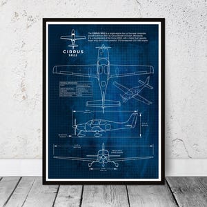 Blueprint Cirrus SR22 poster print. Airplane, aviation. Gift idea, birthday gift, home office gift. USA single engine, business aircraft.