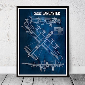 May include: A blueprint style illustration of an Avro Lancaster bomber aircraft on a blue background. The illustration includes technical specifications and measurements in feet and inches. The text "Avro Lancaster" is at the top of the image.