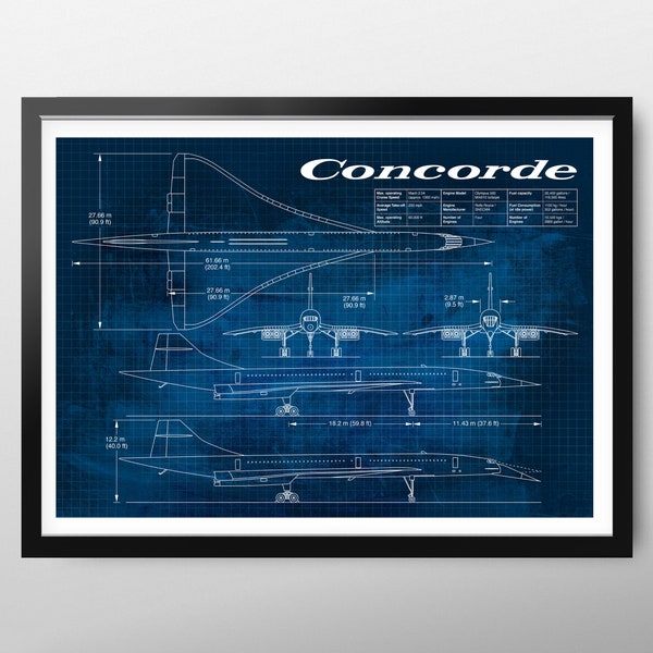 Blueprint Concorde poster print. Supersonic passenger airliner. Aircraft dimensions. Man cave gift. Dad's birthday gift. Retirement gift.