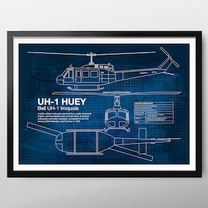 Blueprint Huey helicopter poster, Bell UH-1 Iroquois, utility military helicopter, US Army, Vietnam War, birthday retirement gift.
